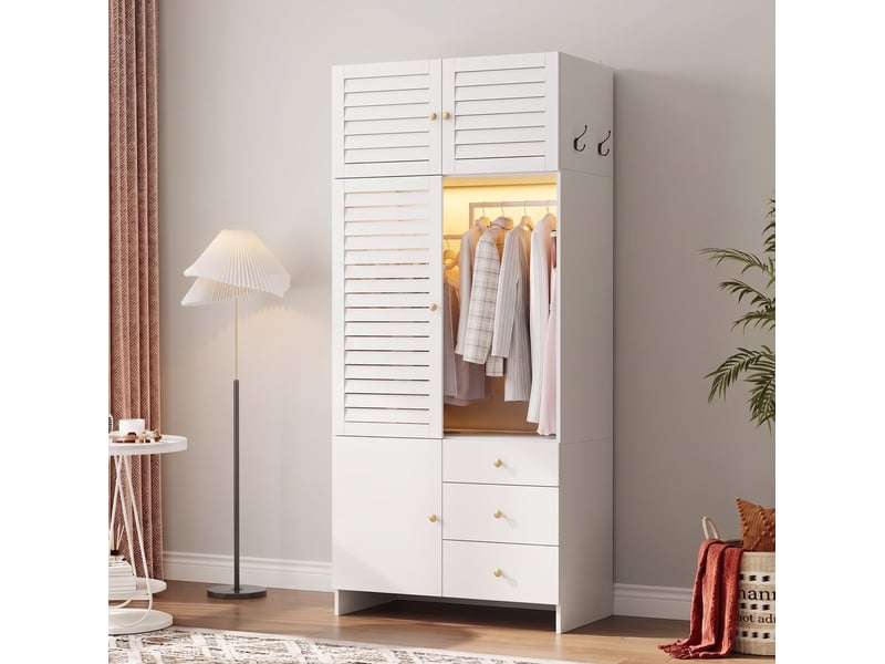  Armoire tcqpz blanche 90 x 50 x 200 cm avec penderie led 3 tiroirs et panier à linge  - Conforama D