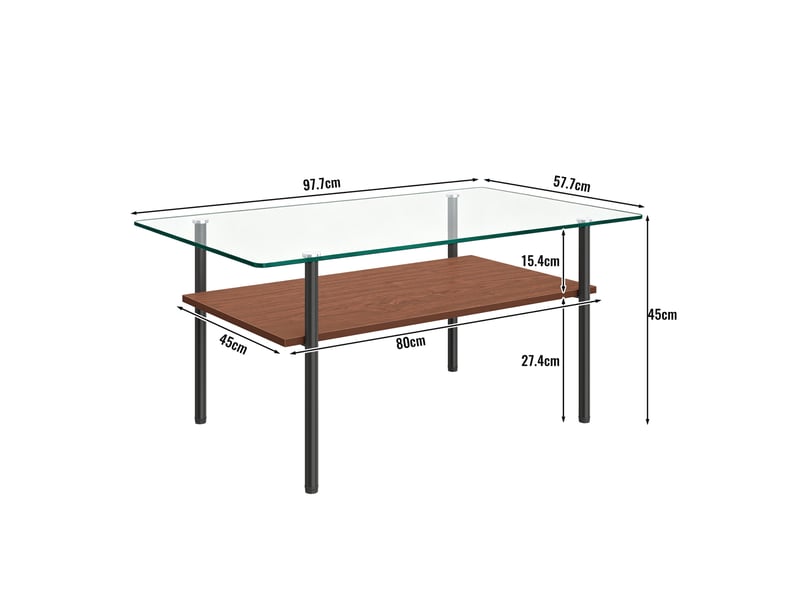 Table basse rectangulaire à 2 niveaux, verre trempé et mdf aspect bois, noir et marron, 97,70 x 57,70 x 45,00 cm - Conforama E