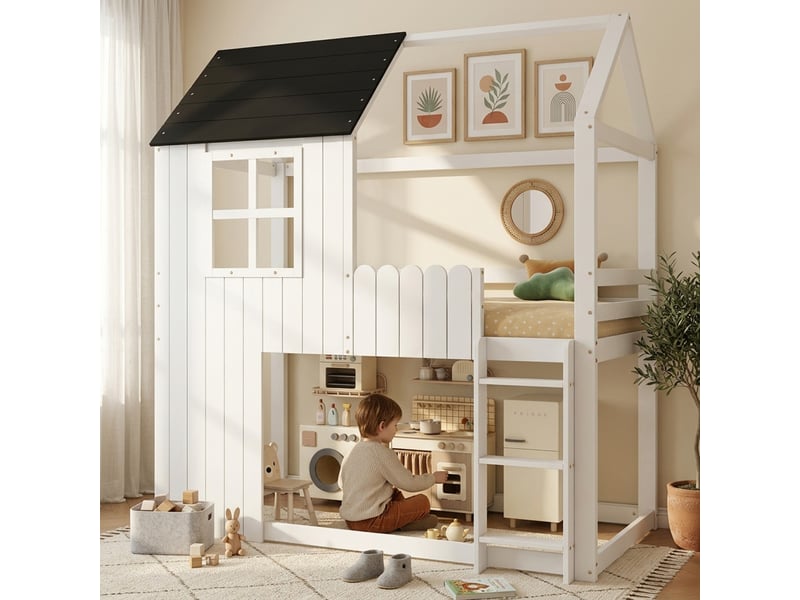 Lit mezzanine maison blanc et noir 90x200 cm en pin et mdf, fenêtres, escalier à 3 marches, garde-corps et espace libre - Conforama B