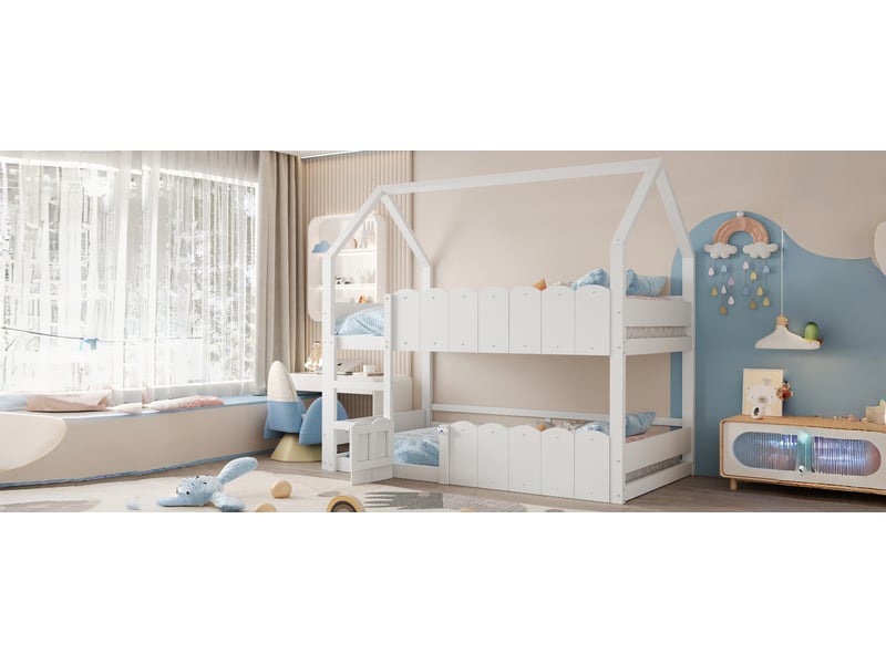  Lit superposé pour enfants 90x200 cm avec barrière de sécurité, lit cabane avec sommier à lattes, lit 1 personne, blanc  - Conforama W