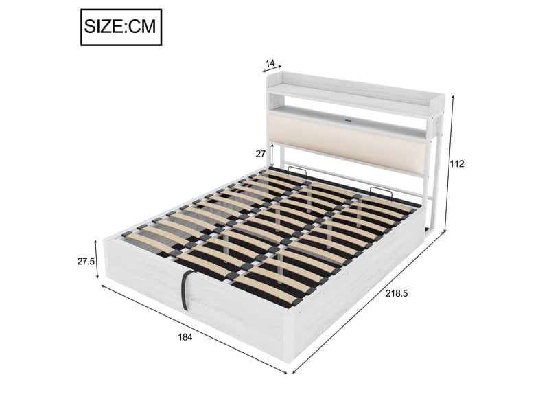  Lit coffre 180 x 200 cm avec relevage hydraulique, tête de lit usb blanche  - Conforama C