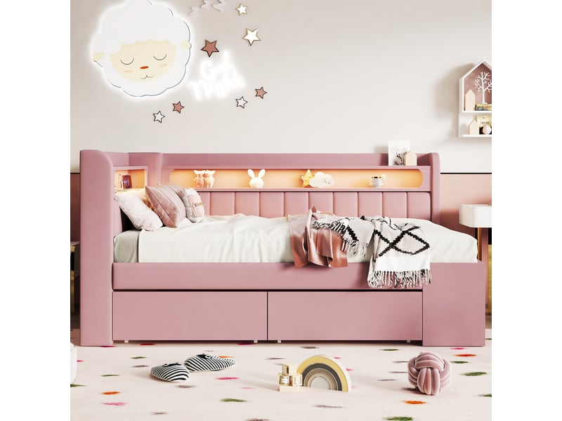  Lit banquette rembourré 90x200 cm rose avec 2 tiroirs, rangement chaussures, led et usb Fay Lum - Conforama D