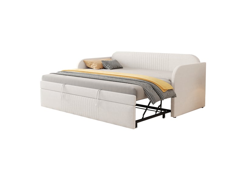  Canapé-lit convertible 90/180x190 cm, rayures verticales, tissu lin beige, sans matelas  - Conforama A