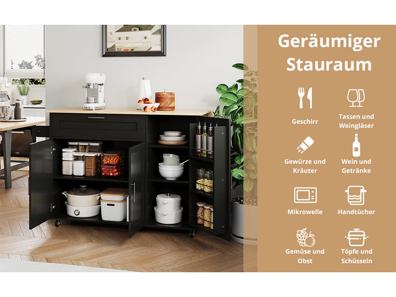 Desserte de cuisine 132,5 cm – plateau rabattable, rangements, roulettes – meuble mobile pratique - Conforama E