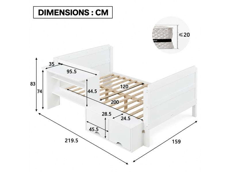  Lit fonctionnel 120x200 cm avec bureau intégré, coffre à abattant, rangement ouvert et module réversible, blanc  - Conforama C