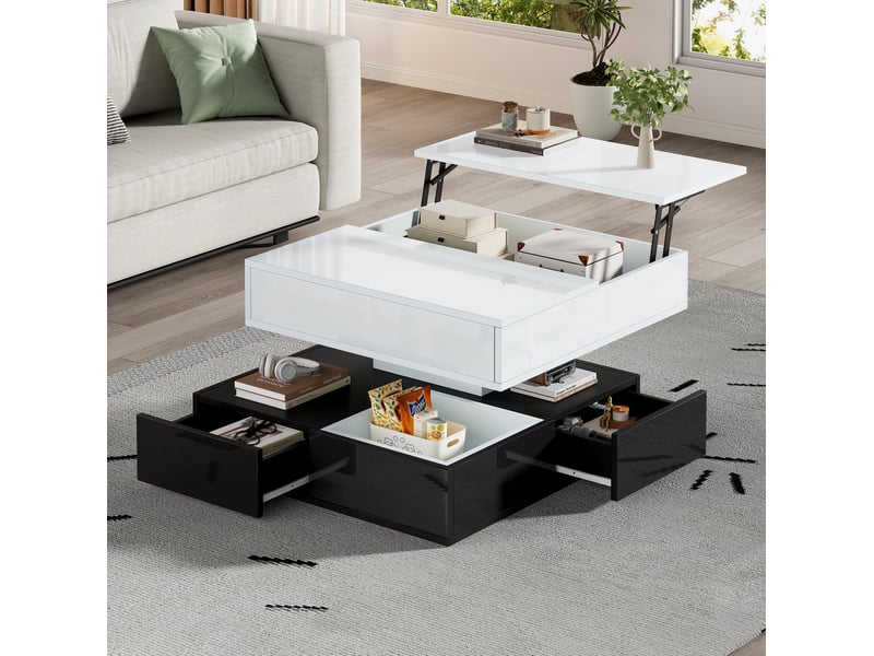  Table basse 70x70x40 cm avec plateau pivotant et relevable, 3 tiroirs, noire et blanche  - Conforama B