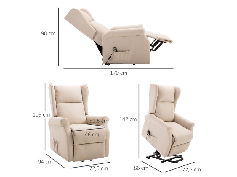  Fauteuil de relaxation, fauteuil releveur inclinable, tissus, 74x94x111cm, crème  - Conforama E