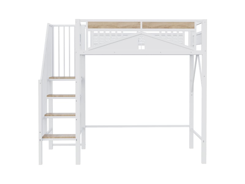  Lit mezzanine avec barrière sécurisée et fenêtre, métal blanc, 90x200 cm, échelle et espace libre dessous  - Conforama A