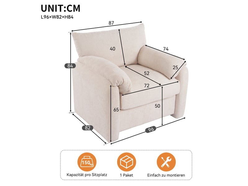  Fauteuil tcqpz en chenille beige 96 x 82 x 84 cm 1 place avec accoudoirs rembourrés pour salon et chambre  - Conforama C
