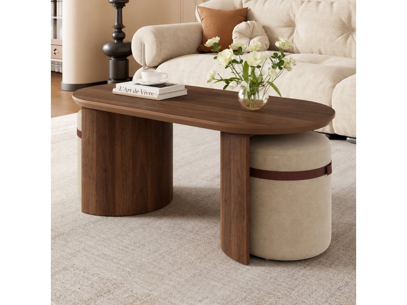  Ensemble table basse ovale et 2 poufs, effet noyer, 108 x 50 x 44 cm  - Conforama E
