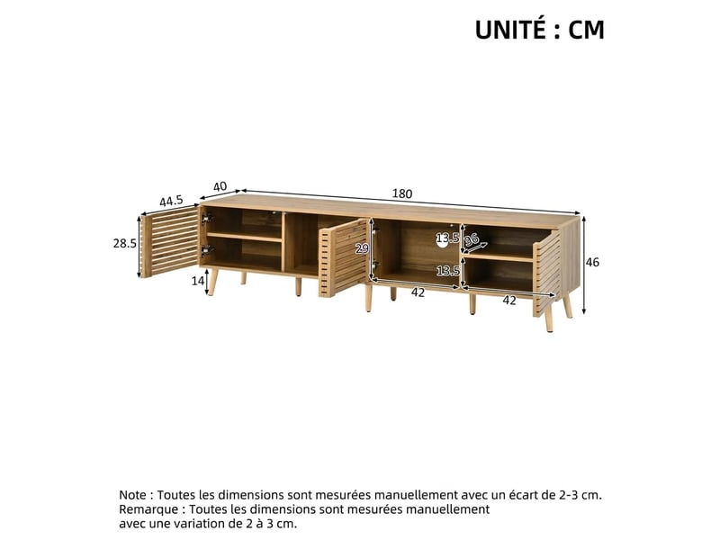  Meuble tv bois clair 180 cm pour tv jusqu'à 75 pouces - 4 portes à lattes  - Conforama C