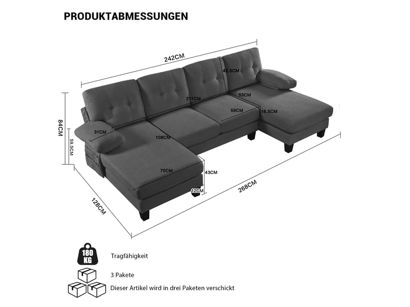  Canapé d'angle, canapé tissu : avec méridienne, forme u, en tissu, gris  - Conforama R
