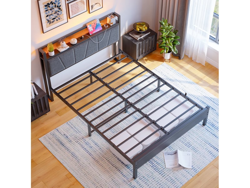  Lit enfant 140x200 cm, prise, usb, avec éclairage led, tête de lit avec rangement, structure métal mdf noir sans matelas  - Conforama E