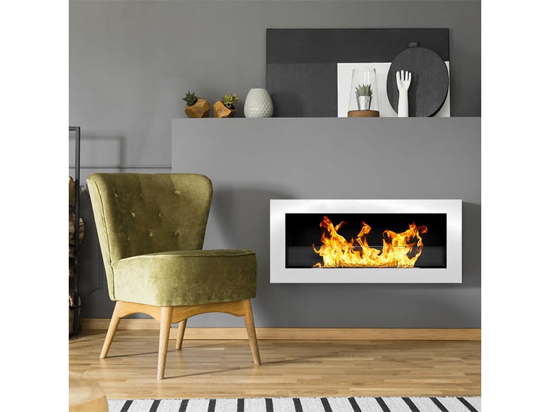  Livorno - cheminée murale bioéthanol 90 x 40 x 12 cm avec brûleur 0,75 l en acier et verre blanc  - Conforama B