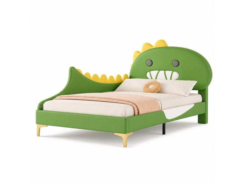  Lit enfant 200×90 cm avec tête de lit en forme de dinosaure, en pu et mdf, vert  - Conforama A