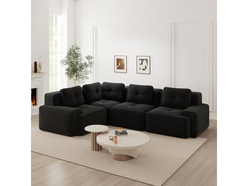  Canapé d'angle modulaire sans montage avec assise profonde et base antidérapante en velours côtelé noir  - Conforama D