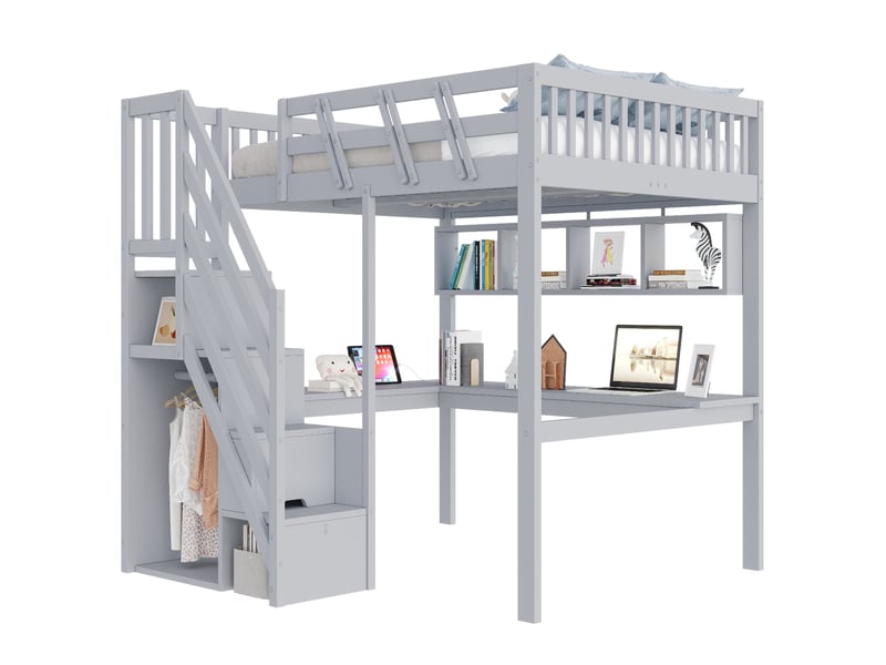  Lit mezzanine enfant 140 × 200 cm 2 places avec bureau, rangements, led et usb, sans matelas, gris  - Conforama A
