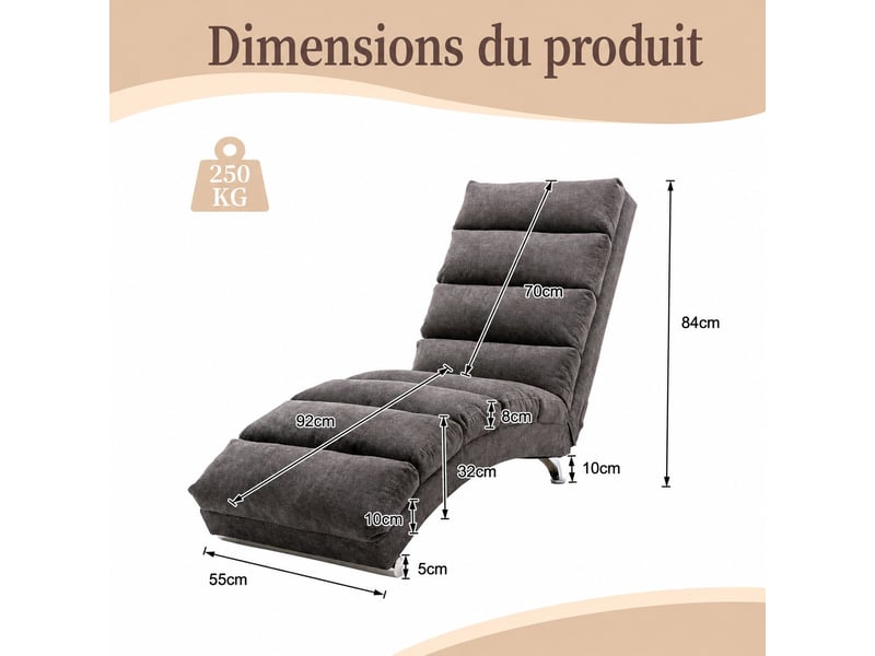  Chaise longue relax fixe vibrante en tissu effet lin avec poche latérale, gris foncé, 55 x 148 x 84 cm Fay Lum - Conforama C