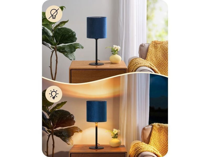  Lampe de table moderne t002 base metal noire et abat-jour velours bleu saphir e27 led 2700k 370618_AACFR21414_6_DROPFR - Conforama E