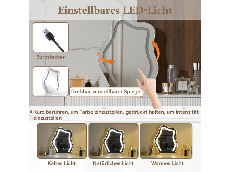 Coiffeuse avec miroir led, plateau extensible, éclairage 3 couleurs, blanc 100 cm - Conforama E