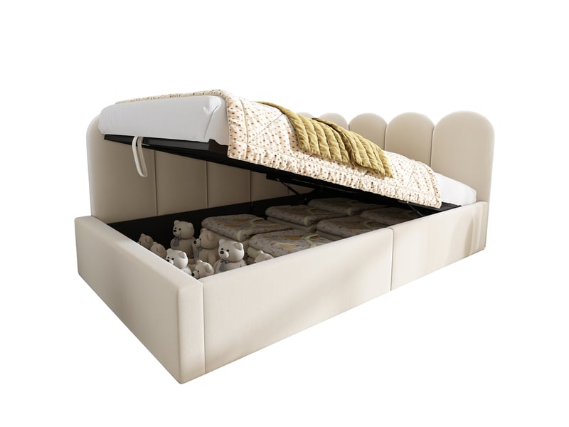  Lit banquette 90x190 cm avec rangement hydraulique, lit coffre en velours avec sommier métal, lit enfantado design grille, - beige （sans matelas）  - Conforama A