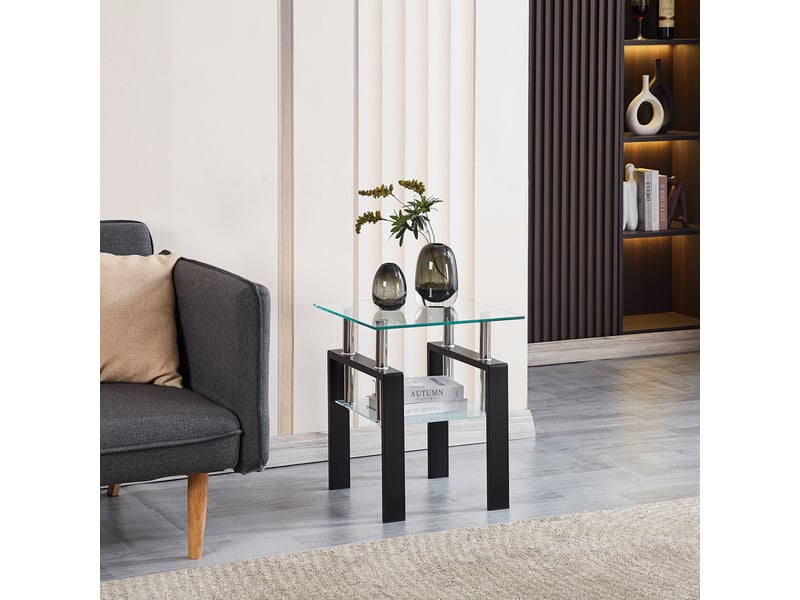 Tables d’appoint en verre trempé transparent, lot de 2, pieds noirs, pour salon et canapé - Conforama E