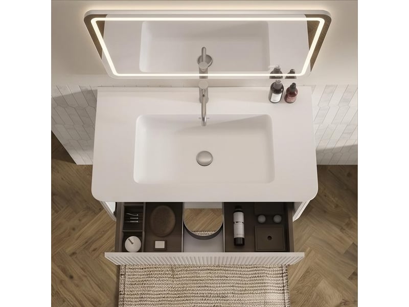  Ensemble meuble de salle de bain suspendu 80 cm miroir led et colonne blanc  - Conforama D