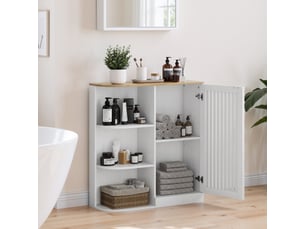 Meuble d'angle salle de bain 68x25x76 cm – blanc et décor chêne – étagères ouvertes et rangement fermé