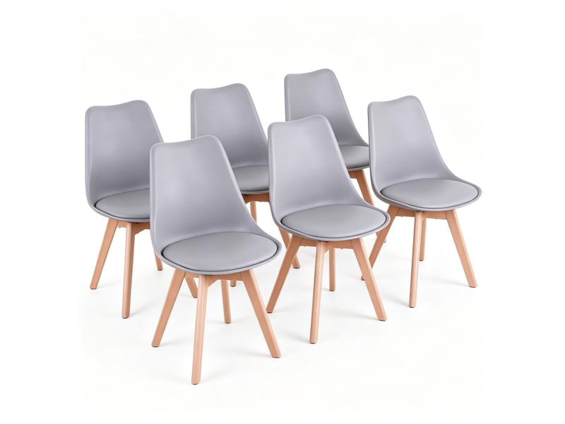  Chaise de salle à manger lot de 6 avec assise rembourrée et patins en similicuir, plastique et bois, gris et bois clair  - Conforama A