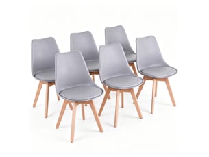 Chaise de salle à manger lot de 6 avec assise rembourrée et patins en similicuir, plastique et bois, gris et bois clair