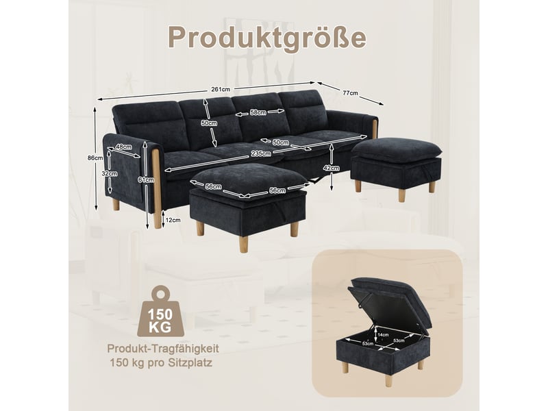  Canapé modulable 4 places modenvie avec deux poufs coffres, forme en u, tissu chenille noir  - Conforama C