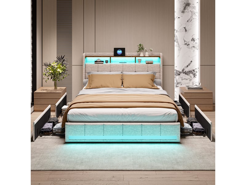Lit coffre 140x190cm avec 4 tiroirs de rangement, tête de lit rangement, lit deux places, avec ports usb type-c, éclairage rvb, tissu lin beige, design moderne, matelas non inclus 240726YTT0301#ADHWBatEXhFRHF - Conforama D