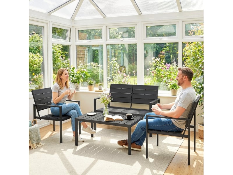  Salon de jardin 4 places noir en métal avec canapé 2 places, 2 fauteuils et table basse  - Conforama C