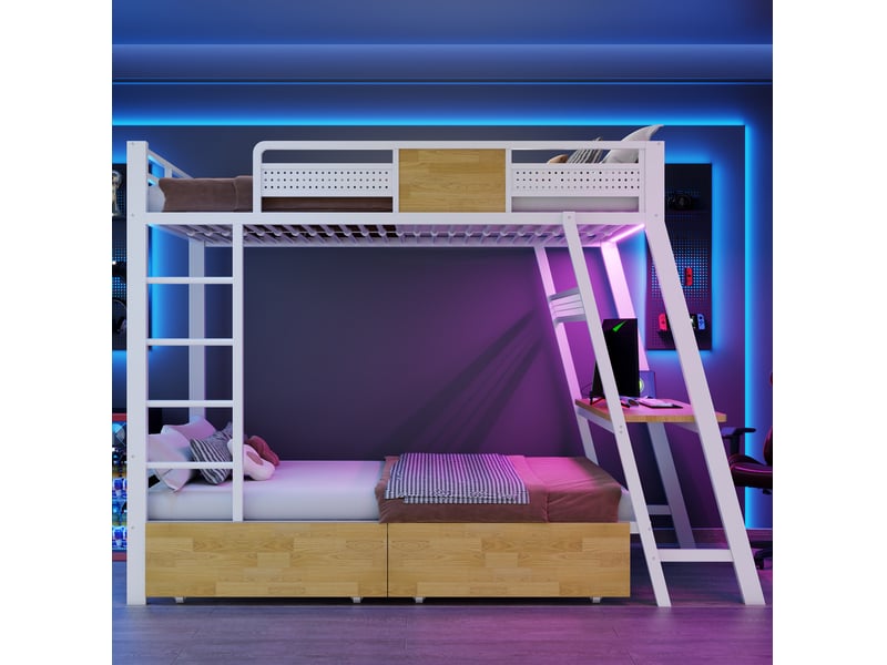  Lit superposé modenvie 90 x 200 cm avec bureau intégré, prises, ports usb et type-c, bande led, métal, blanc  - Conforama D