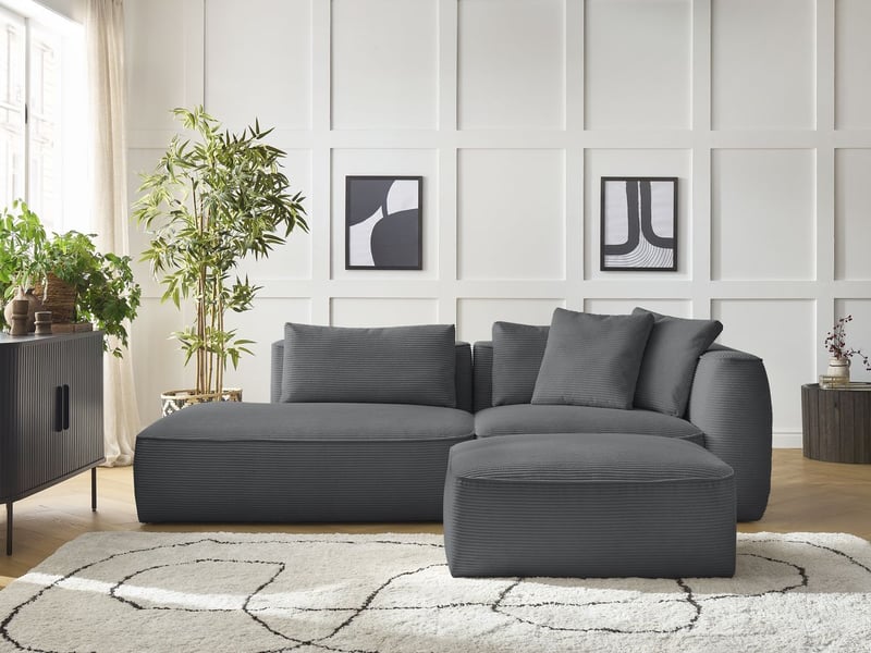 Bobochic canapé droit fixe 3 places leopold velours côtelé avec pouf gris foncé accoudoir droit LEOPOLD - Conforama C