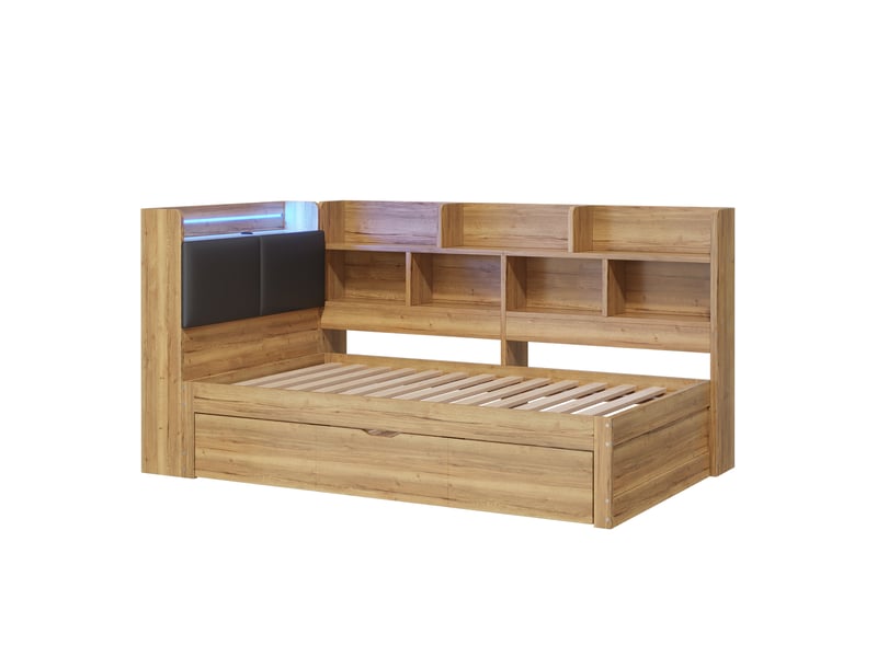  Lit enfant multifonction 90x200 cm en bois naturel avec led, usb, lit gigogne 90x190 cm et étagères  - Conforama D
