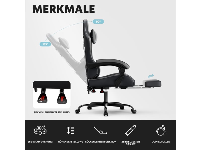  Chaise de bureau avec dossier inclinable, repose-pieds et soutien lombaire pour bureau en pvc noir et gris  - Conforama C