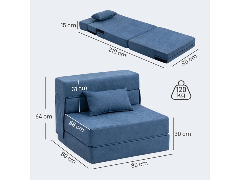 Fauteuil-lit 3-en-1 pliable,80x80x64 cm,tissu aspect flanelle,bleu foncé - Conforama C