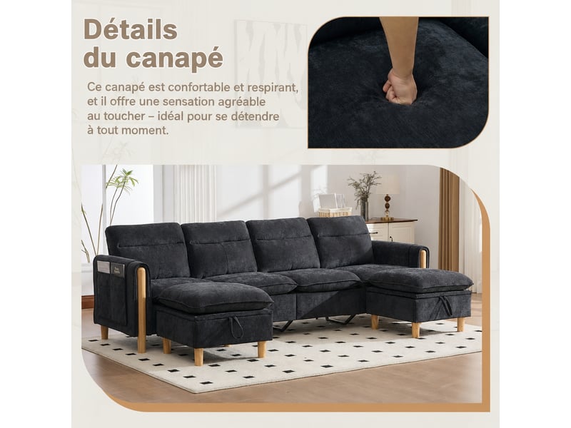  Canapé en u modulable 4 places, 2 poufs coffres, chenille noir, 261 cm  - Conforama E