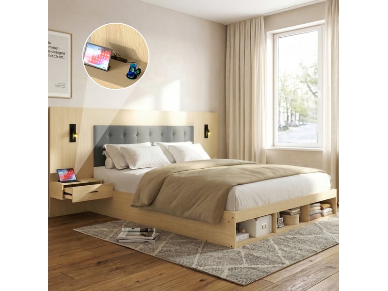  Modenvie lit double avec rangement 180x200 cm - ports usb-c, liseuses orientables, sans matelas - bois clair  - Conforama B