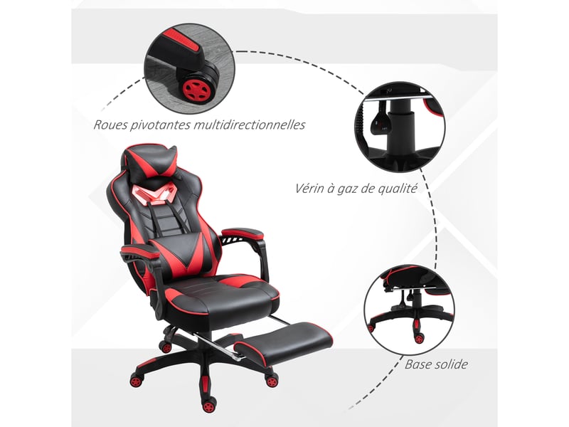  Chaise gaming ergonomique, fauteuil de bureau confortable avec repose-pied, hauteur réglable, appuie-tête et coussin lombaire, noir et rouge  - Conforama W