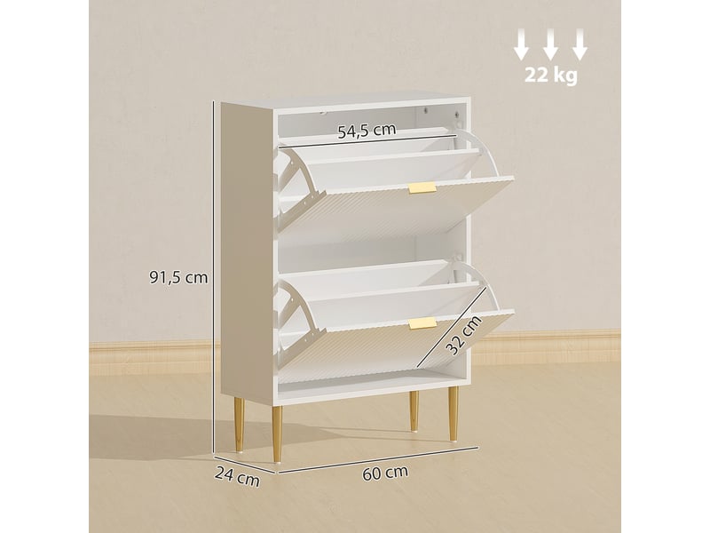 Meuble à chaussures étroit avec 2 portes cannelées et étagères réglables pour 12 paires de chaussures, 60 x 24 x 91,5 cm, blanc - Conforama D