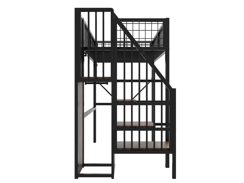 Lit mezzanine 90x200 cm noir en métal avec échelle, rangement, led et barrières - Conforama E