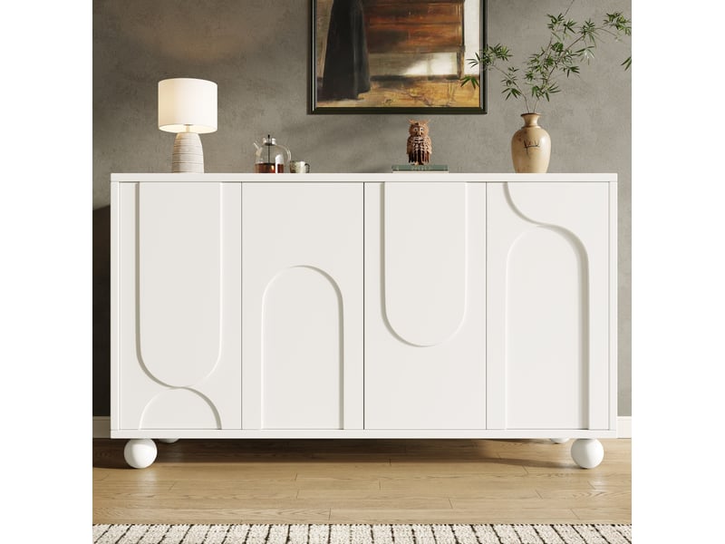  Buffet blanc 4 portes en mdf et métal, 120 x 35 x 71 cm, avec rangement et séparation réglable  - Conforama B