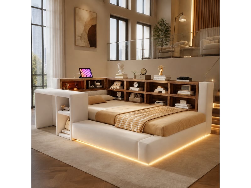  Lit simple rembourré 90x200 cm avec rangements, prises, éclairage led et banquette, sans matelas, beige  - Conforama B
