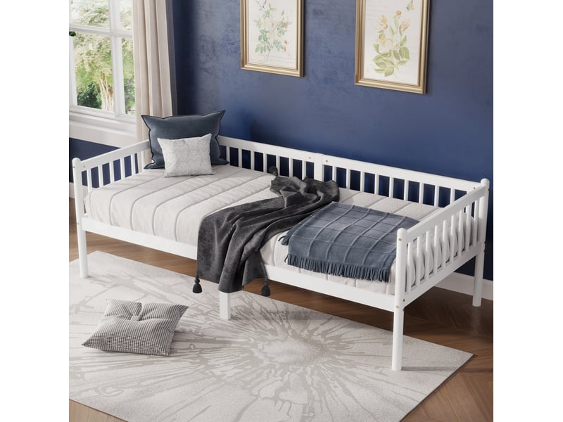  Lit de jour modenvie 90 x 200 cm en pin blanc avec barrières sur 3 côtés et 14 lattes  - Conforama B