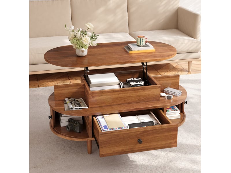  Table basse relevable avec tiroir, 2 portes coulissantes et étagères, pour salon, en mdf noyer, 105 × 50 × 60,5 cm  - Conforama C