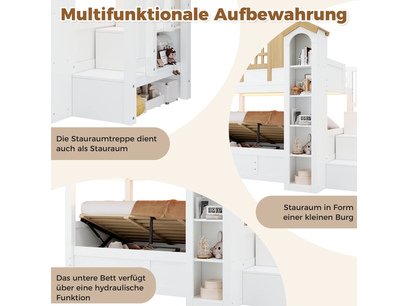  Lit superposé enfant 90x200+90x200 cm en bois massif blanc et naturel avec lit cabane, led, escalier rangement et coffre hydraulique Morn Vibe - Conforama D