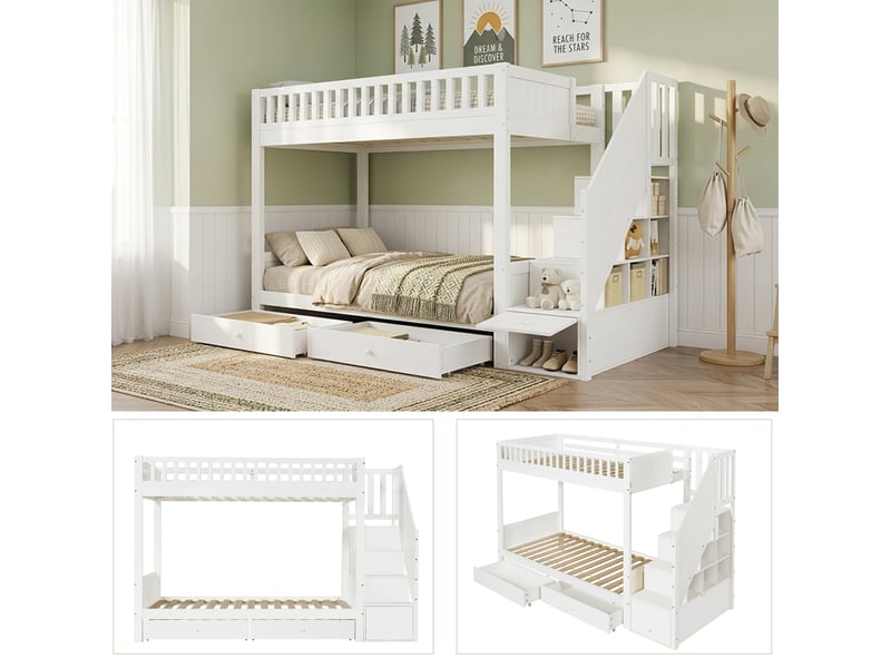  Lit superposé enfant 90 × 200 cm 2 places avec escalier de rangement, 2 tiroirs et barrières, sans matelas, bois blanc  - Conforama E