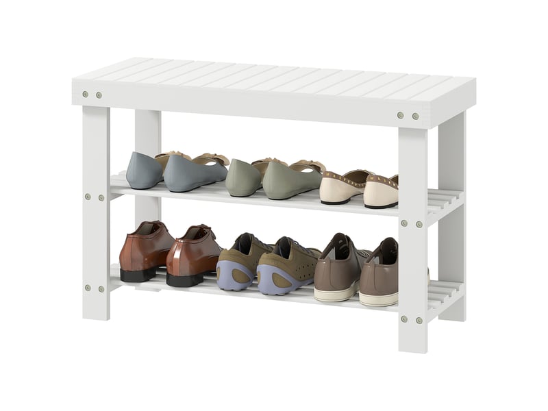  Banc à chaussures bambou, assise + 2 étagères 6 paires, entréesalonchambre, 70x28x45 cm, blanc.  - Conforama B